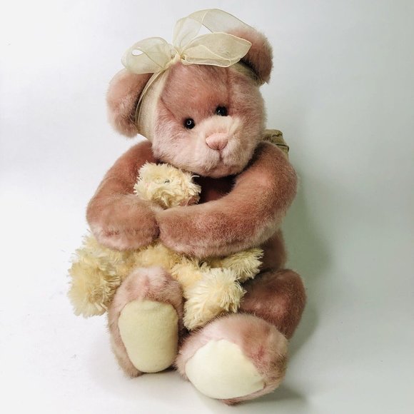 Vintage GUND Pink Little Girl Bear & her Teddy Bear Friend w/ Backpack 16” tall
